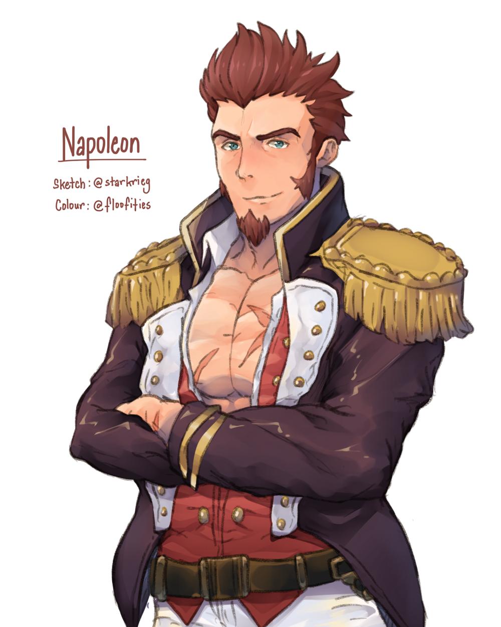 1boy beard belt blue_eyes brown_hair chest crossed_arms epaulettes facial_hair fate/grand_order fate_(series) floofities highres long_sleeves looking_at_viewer male_focus military military_uniform muscle napoleon_bonaparte_(fate/grand_order) scar sketch smile solo uniform upper_body white_background