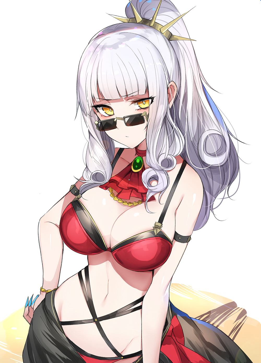 1girl alternate_costume armlet bare_shoulders bikini breasts carmilla_(fate/grand_order) choker commentary_request cravat curly_hair eyebrows_visible_through_hair eyes_visible_through_hair fate/grand_order fate_(series) fingernails groin hairband hand_on_hip highres hime_cut jeweled_cravat large_breasts long_fingernails luse_maonang navel ponytail red_swimsuit simple_background solo summertime_mistress_(fate/grand_order) sunglasses swimsuit white_background white_hair yellow_eyes