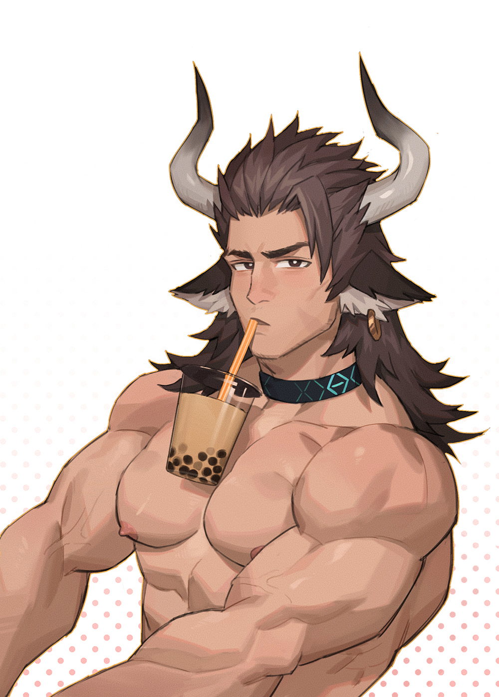 1boy abs amo9612 animal_ears arknights bara brown_eyes brown_hair bubble_tea bubble_tea_challenge chest cow_ears cup disposable_cup drinking_straw earrings highres horns jewelry long_hair looking_at_viewer male_focus matterhorn_(arknights) muscle nipples nude pectorals simple_background standing upper_body veins white_background