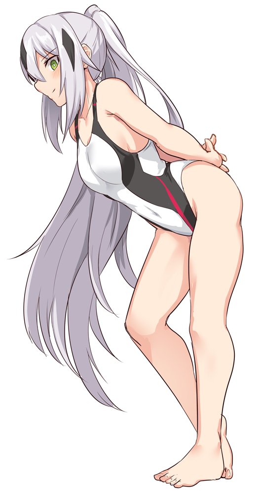 1girl arms_behind_back bare_arms bare_legs bare_shoulders barefoot bent_over black_hair black_swimsuit blush breasts commentary_request fate/grand_order fate_(series) from_side full_body hair_between_eyes long_hair looking_at_viewer medium_breasts multicolored multicolored_clothes multicolored_hair multicolored_swimsuit nagao_kagetora_(fate) navel ponytail shiseki_hirame simple_background smile solo swimsuit two-tone_hair very_long_hair white_background white_hair white_swimsuit yellow_eyes