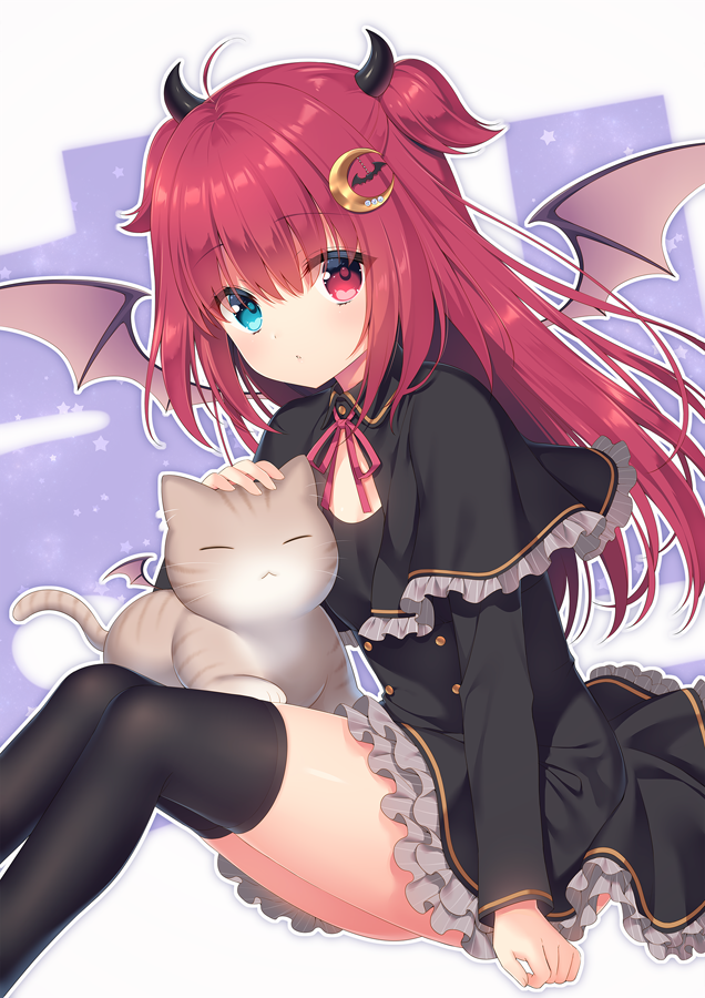 1girl animal bangs black_capelet black_dress black_legwear blue_eyes brown_wings capelet cat closed_mouth commentary_request crescent crescent_hair_ornament demon_girl demon_wings dress eyebrows_visible_through_hair feet_out_of_frame frilled_capelet frilled_dress frills hair_between_eyes hair_ornament heterochromia knees_up long_hair looking_at_viewer nijisanji petting red_eyes redhead sakura_neko sitting solo thigh-highs two_side_up very_long_hair wings yuzuki_roa