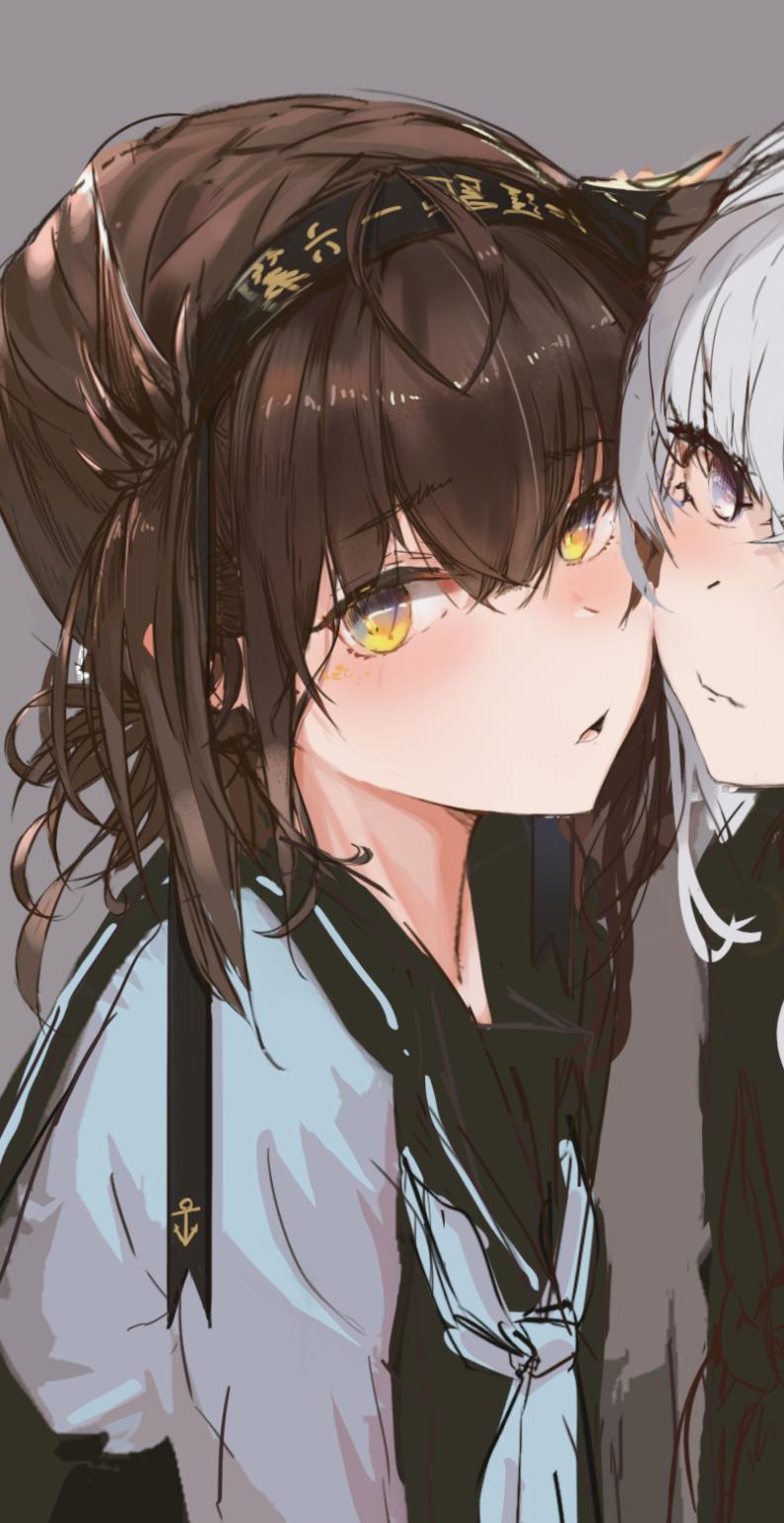 2girls anchor anchor_symbol bangs black_headband blush brown_hair closed_mouth clothes_writing eyebrows_visible_through_hair hachimaki hair_flaps hairband hatsuzuki_(kantai_collection) headband highres kantai_collection multiple_girls neckerchief open_mouth out_of_frame sailor_collar school_uniform serafuku silver_hair sketch suzutsuki_(kantai_collection) tifg39 yellow_eyes