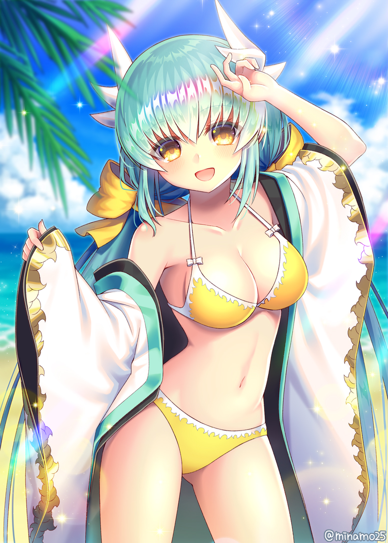 1girl :d bikini blue_sky breasts clouds collarbone commentary_request detached_sleeves eyebrows_visible_through_hair fate/grand_order fate_(series) green_hair hair_ribbon horns kiyohime_(fate/grand_order) kiyohime_(swimsuit_lancer)_(fate) long_hair looking_at_viewer low_twintails medium_breasts minamo25 navel ocean open_mouth ribbon sky smile solo standing swimsuit twintails twitter_username yellow_bikini yellow_eyes yellow_ribbon