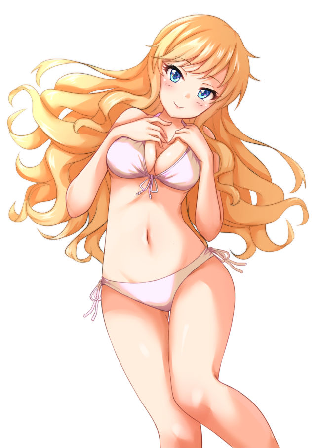 1girl bangs bare_arms bare_legs bare_shoulders bikini blonde_hair blue_eyes blush breasts commentary_request eyebrows_visible_through_hair idolmaster idolmaster_cinderella_girls idolmaster_cinderella_girls_starlight_stage long_hair looking_at_viewer namidako navel ootsuki_yui side-tie_bikini simple_background smile solo swimsuit wavy_hair white_background white_bikini
