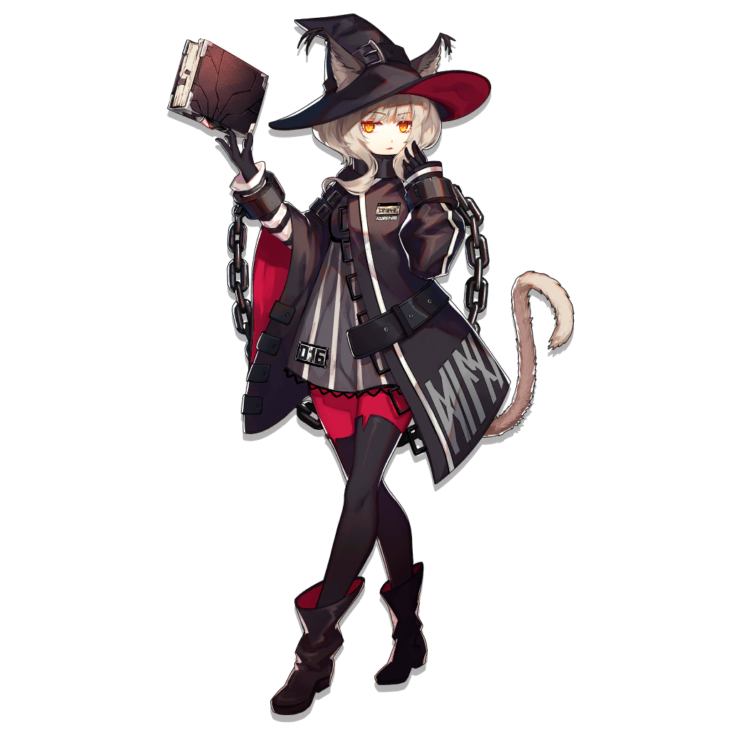 1girl animal_ear_fluff animal_ears arknights bangs black_coat black_gloves black_headwear black_legwear blonde_hair book breasts brown_footwear cat_ears cat_girl cat_tail chain coat cuffs dress ears_through_headwear eyebrows_visible_through_hair full_body gloves grey_dress hand_up hat haze_(arknights) holding holding_book long_hair long_sleeves looking_at_viewer official_art open_clothes open_coat open_mouth pantyhose red_legwear shackles short_dress sidelocks slit_pupils solo striped striped_dress tail thigh-highs thighhighs_over_pantyhose transparent_background tsurime vertical_stripes wide_sleeves witch_hat
