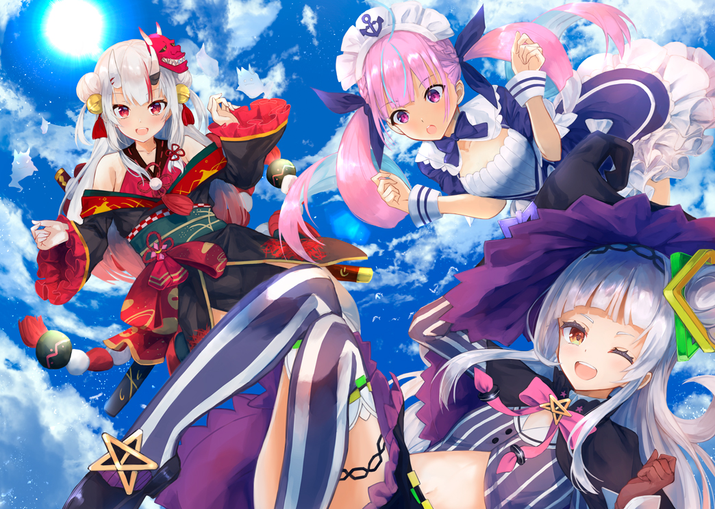 3girls :d ;d anchor bare_shoulders black_capelet black_footwear black_headwear black_kimono black_skirt blue_dress blue_hair blue_ribbon blue_sky bow braid brown_gloves capelet clouds cloudy_sky collarbone commentary_request crop_top day dress gloves hair_bun hair_ornament hair_ribbon hands_up hat hololive horns japanese_clothes kimono konkito long_hair long_sleeves maid_headdress mask mask_on_head minato_aqua multicolored_hair multiple_girls murasaki_shion nakiri_ayame obi off_shoulder one_eye_closed oni oni_horns oni_mask open_mouth outdoors pink_bow pink_hair puffy_short_sleeves puffy_sleeves purple_legwear red_eyes redhead ribbon sash sheath shoes short_sleeves silver_hair skirt sky sleeves_past_wrists smile streaked_hair striped striped_legwear sun sunlight thigh-highs two-tone_hair upper_teeth vertical-striped_legwear vertical_stripes very_long_hair violet_eyes virtual_youtuber wide_sleeves witch_hat wrist_cuffs