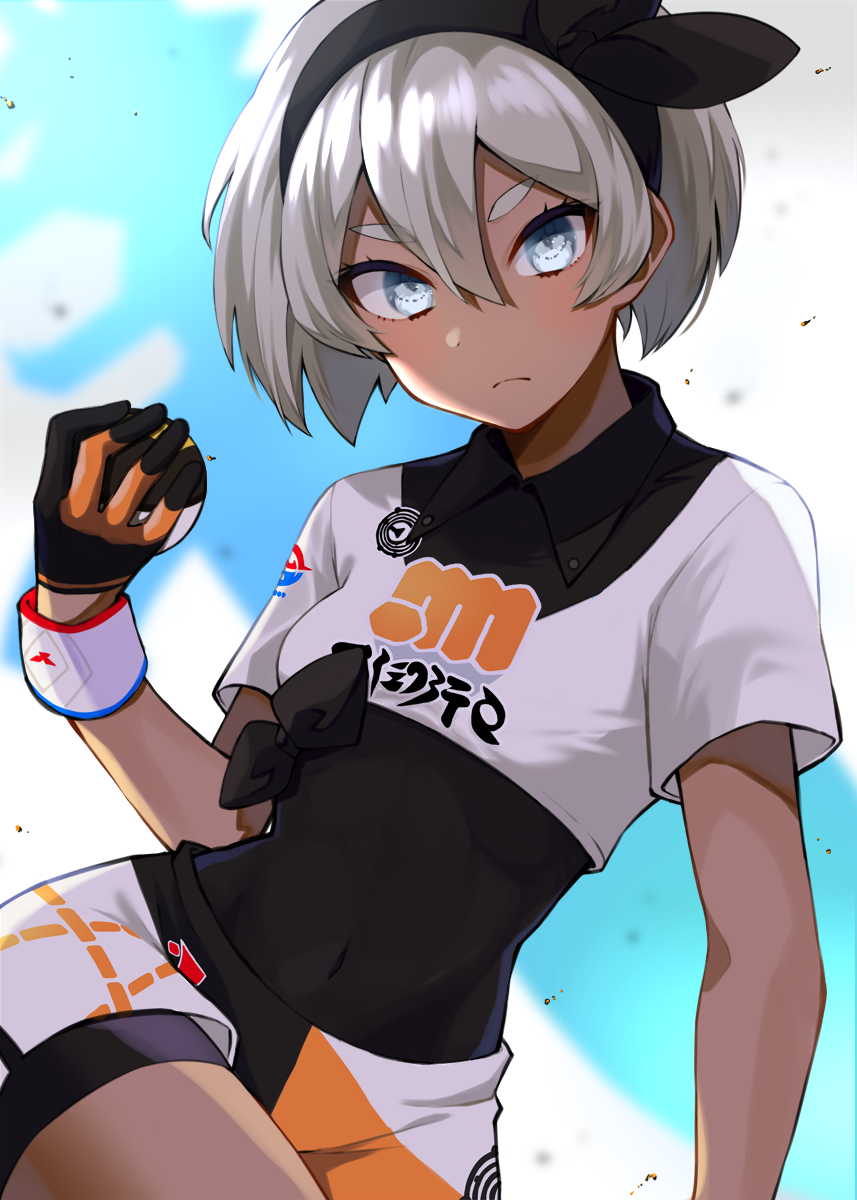 1girl bangs black_gloves blush breasts closed_mouth covered_navel dark_skin gloves gomashi_(goma) grey_eyes grey_hair hair_between_eyes hairband highres holding holding_poke_ball looking_at_viewer poke_ball pokemon pokemon_(game) pokemon_swsh ribbon saitou_(pokemon) shirt short_hair short_sleeves shorts small_breasts solo ultra_ball wristband