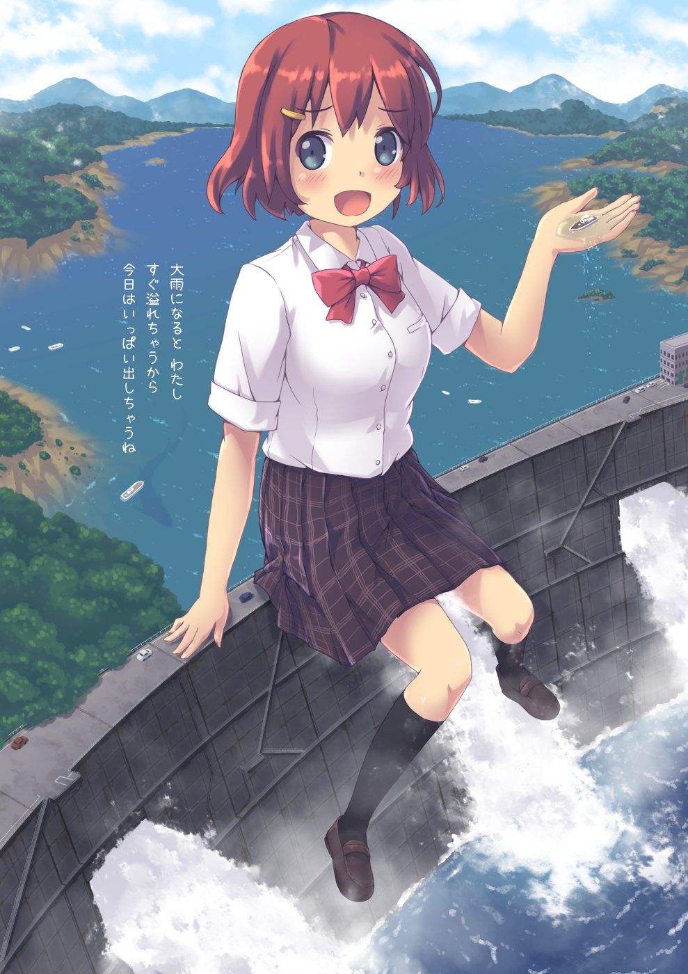 1girl aki_(akisora_hiyori) aqua_eyes black_legwear blue_sky blush boat bow bowtie brown_footwear brown_hair building car clouds collar commentary_request dam eyebrows_visible_through_hair from_above full_body giantess ground_vehicle hair_ornament hairclip highres holding in_palm kneehighs lake landscape loafers motor_vehicle mountain mountainous_horizon open_hand open_mouth original palms personification plaid plaid_skirt red_bow red_neckwear school_uniform shirt shoes short_hair short_sleeves sitting size_difference skirt sky smile solo translation_request tree uniform water watercraft white_collar white_shirt