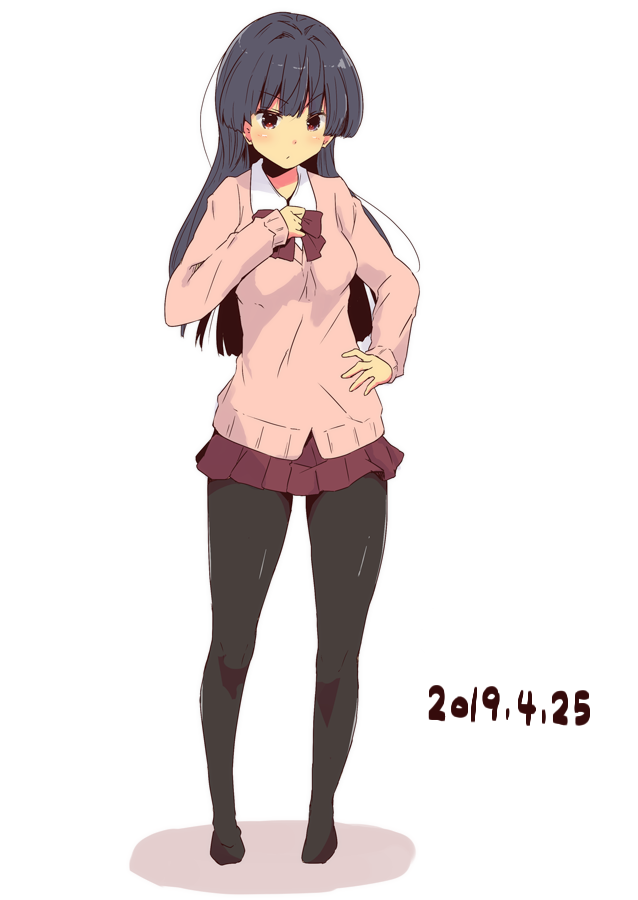 1girl achiga_school_uniform alternate_costume black_footwear black_legwear blue_eyes blue_hair bow bowtie cardigan closed_mouth commentary dated dress_shirt eyebrows_visible_through_hair full_body hand_on_hip hirose_sumire light_frown long_hair long_sleeves miniskirt pantyhose pink_sweater pleated_skirt red_neckwear red_skirt saki saki_achiga-hen school_uniform shadow shirt shoes simple_background skirt solo standing sweater tom_q_(tomtoq) white_background white_shirt wing_collar