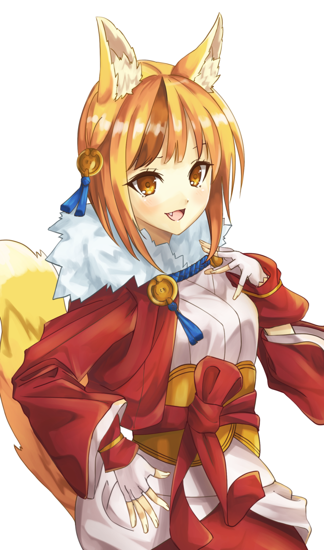 1girl animal_ears blonde_hair brown_hair fang fingerless_gloves fire_emblem fire_emblem_fates fox_ears fox_tail fuussu_(21-kazin) gloves highres japanese_clothes long_sleeves multicolored_hair open_mouth selkie_(fire_emblem) simple_background solo streaked_hair tail upper_body white_background white_gloves yellow_eyes
