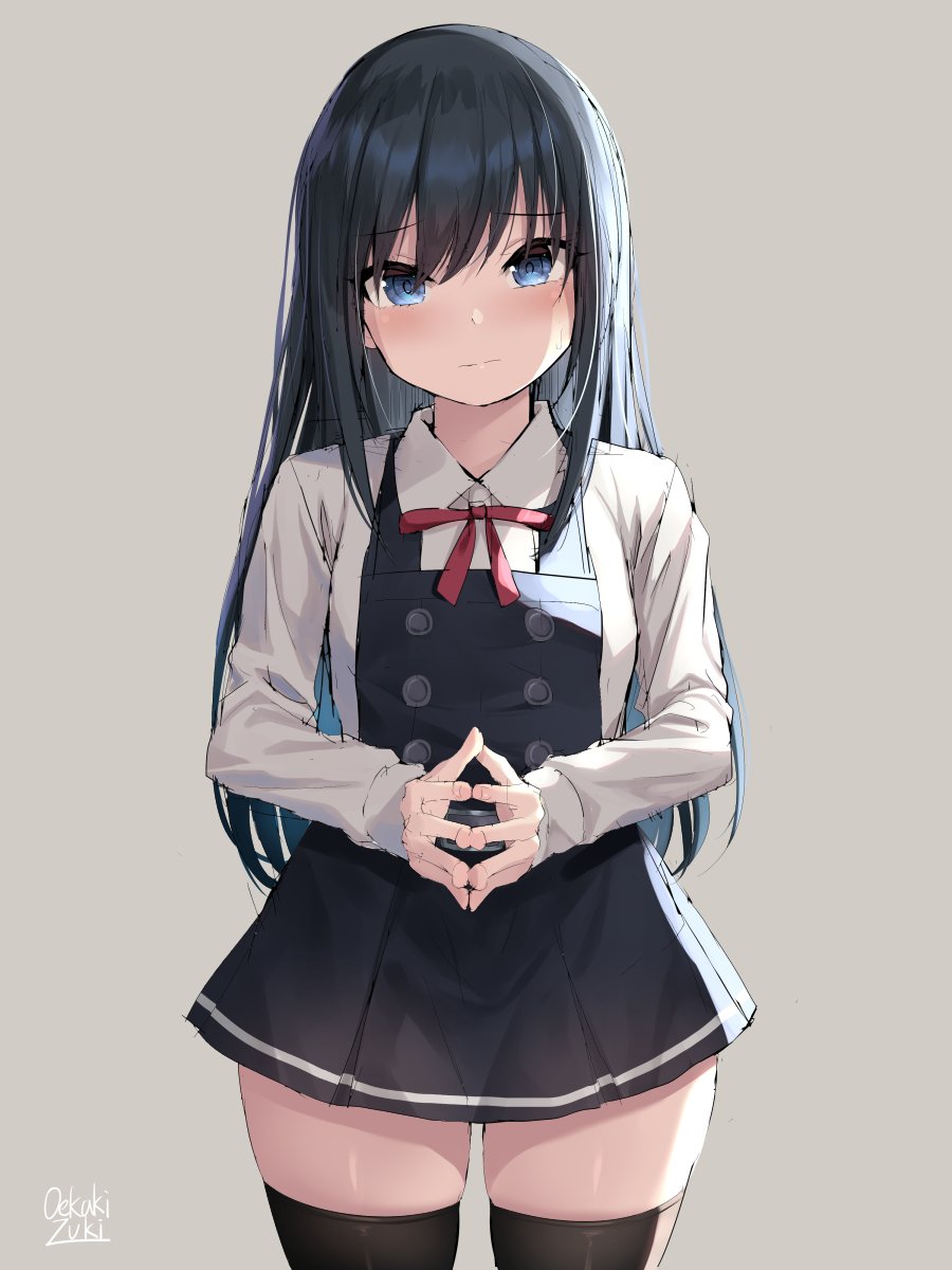 1girl asashio_(kantai_collection) bangs black_legwear blue_eyes blush buttons closed_mouth dress eyebrows_visible_through_hair fingers_together grey_background highres kantai_collection long_hair long_sleeves oekakizuki pinafore_dress red_ribbon remodel_(kantai_collection) ribbon shirt signature simple_background sleeveless sleeveless_dress solo thigh-highs thighs white_shirt