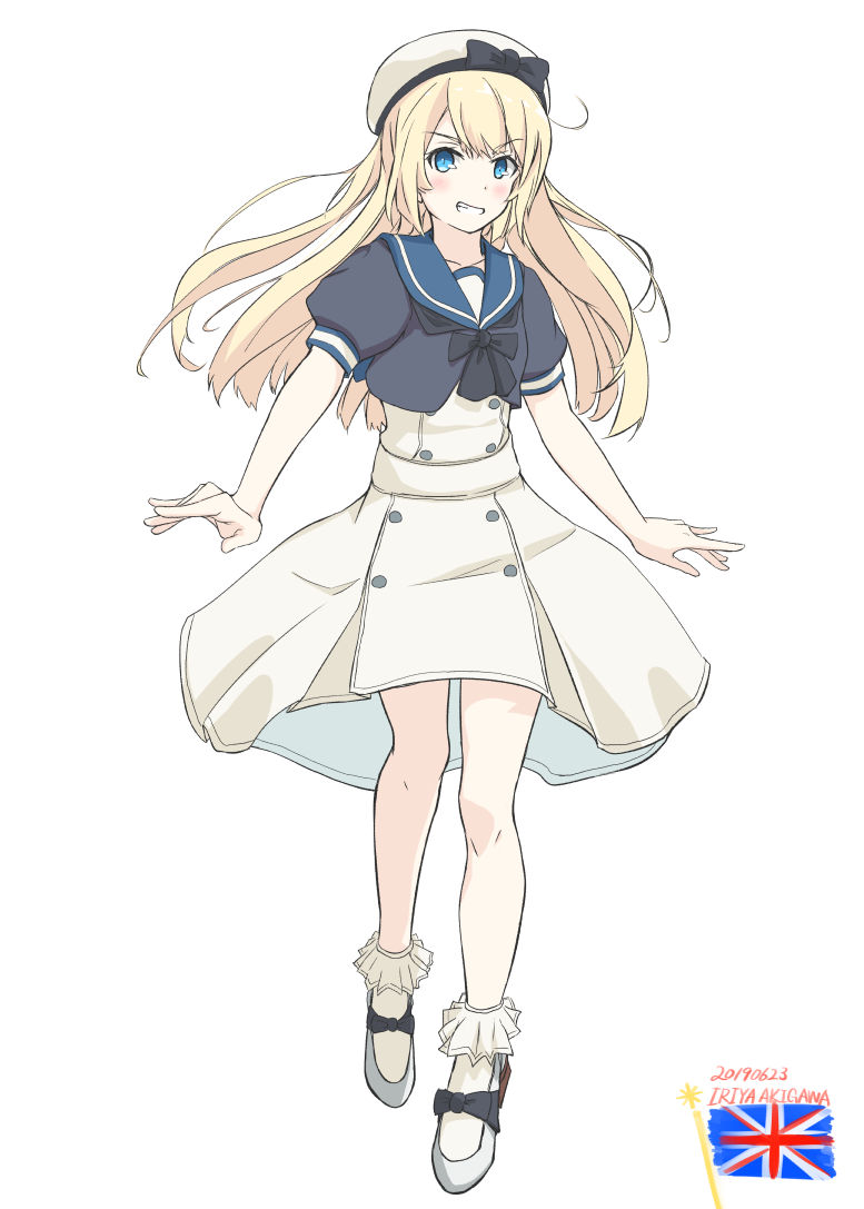 1girl akigawa_iriya artist_name blonde_hair blue_eyes blue_sailor_collar dress full_body grin hat jervis_(kantai_collection) kantai_collection looking_at_viewer mary_janes sailor_collar sailor_dress sailor_hat shoes short_sleeves simple_background smile solo union_jack white_background white_dress white_headwear