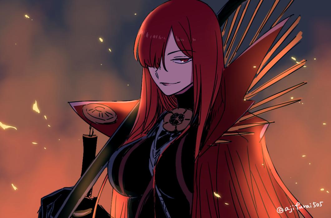 1girl asaya_minoru bangs black_bodysuit blurry blurry_background bodysuit breasts cape depth_of_field eyebrows_visible_through_hair fate/grand_order fate_(series) hair_over_one_eye large_breasts long_hair looking_at_viewer oda_nobunaga_(fate) oda_nobunaga_(maou_avenger)_(fate) parted_lips red_cape red_eyes redhead smile smoke solo twitter_username upper_body