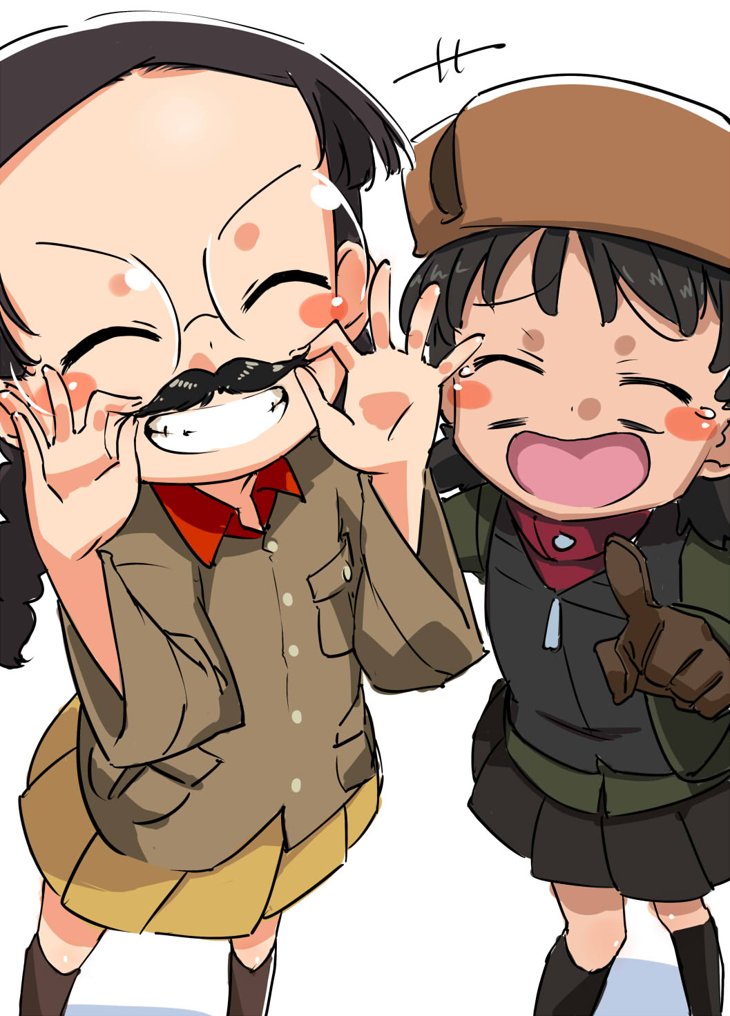 +++ 2girls bangs black_footwear black_gloves black_hair black_skirt black_vest blush_stickers boots braid brown_eyes brown_footwear brown_hair brown_headwear brown_jacket chi-hatan_military_uniform closed_eyes facing_viewer fake_facial_hair fake_mustache fukuda_(girls_und_panzer) fur_hat girls_und_panzer glasses gloves green_jacket grin hamahara_yoshio hat highres jacket knee_boots laughing long_hair long_sleeves military military_uniform miniskirt multiple_girls nina_(girls_und_panzer) open_mouth pleated_skirt pointing pointing_at_viewer pravda_military_uniform red_shirt round_eyewear shirt short_hair short_twintails simple_background skirt smile standing tearing_up turtleneck twin_braids twintails uniform ushanka vest white_background yellow_skirt zipper