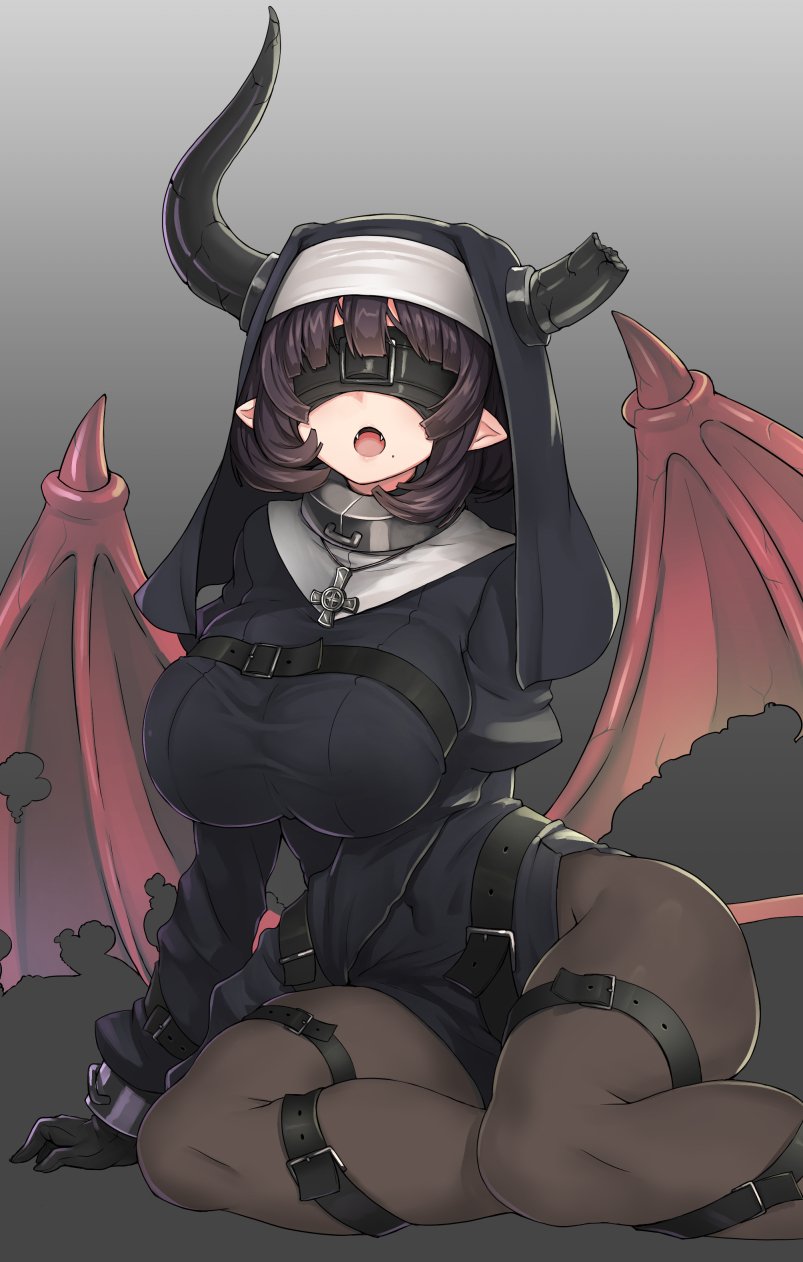 1girl belt black_hair blindfold breasts broken_horn collar commentary_request cross cross_necklace cuffs demon_girl demon_horns demon_tail demon_wings fangs feet_out_of_frame gloves habit highres horns itou_ryuusei jewelry juliet_sleeves large_breasts long_sleeves mole mole_under_mouth necklace nun open_mouth pantyhose pointy_ears puffy_sleeves shackles sitting solo tail torn_wings wings yokozuwari