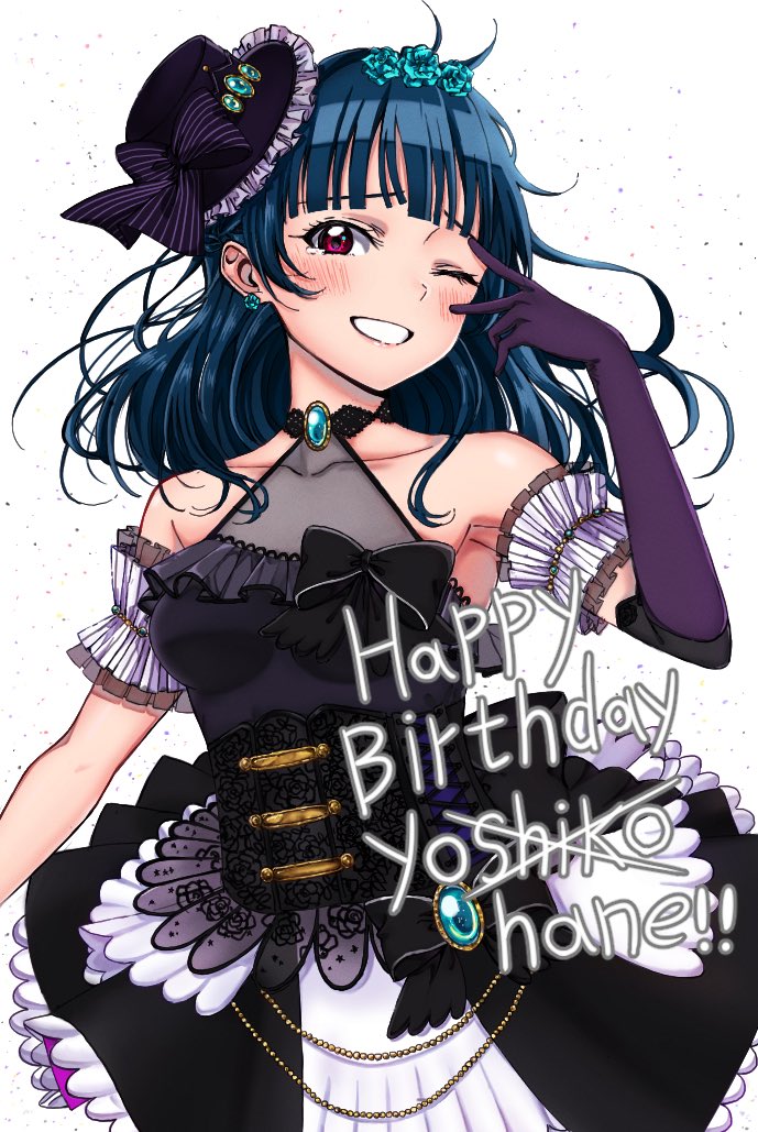 1girl armband armlet bangs bare_shoulders black_bow black_dress black_gloves black_headwear blue_hair blunt_bangs blush bow choker collarbone cowboy_shot crossed_out dress earrings elbow_gloves flower flower_earrings frilled_armband frilled_dress frills gem gloves grin hair_flower hair_ornament happy_birthday hat head_tilt jewelry long_hair looking_at_viewer love_live! love_live!_sunshine!! messy_hair multicolored multicolored_clothes multicolored_dress ojyomu one_eye_closed red_eyes smile solo tsushima_yoshiko v_over_eye white_background