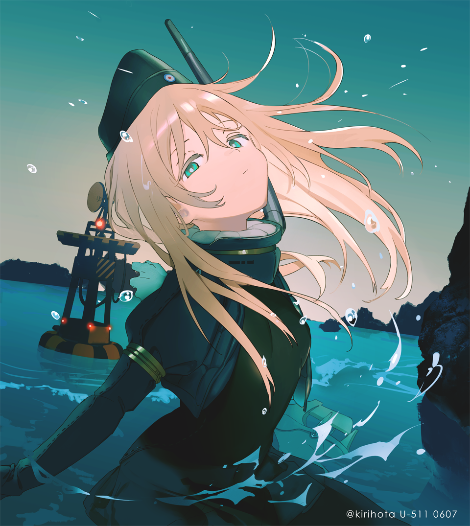 1girl bangs blue_eyes blue_sky buoy closed_mouth commentary cropped_jacket english_commentary eyebrows_visible_through_hair garrison_cap hair_between_eyes hat headgear horizon kantai_collection kirihota long_hair long_sleeves looking_at_viewer military military_uniform ocean outdoors pale_skin pantyhose partially_submerged puffy_long_sleeves puffy_sleeves sky solo splashing swimsuit swimsuit_under_clothes thigh-highs twitter_username u-511_(kantai_collection) uniform water water_drop white_hair