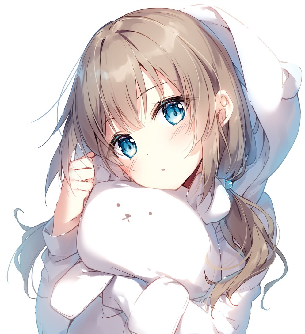 1girl :o animal_ears animal_hood bangs bear_ears bear_hood blue_eyes blush brown_hair commentary eyebrows_visible_through_hair fake_animal_ears hair_between_eyes head_tilt hood hood_up hoodie long_hair long_sleeves low_twintails mochizuki_shiina object_hug original parted_lips simple_background solo stuffed_animal stuffed_toy symbol_commentary teddy_bear twintails upper_body white_background white_hoodie