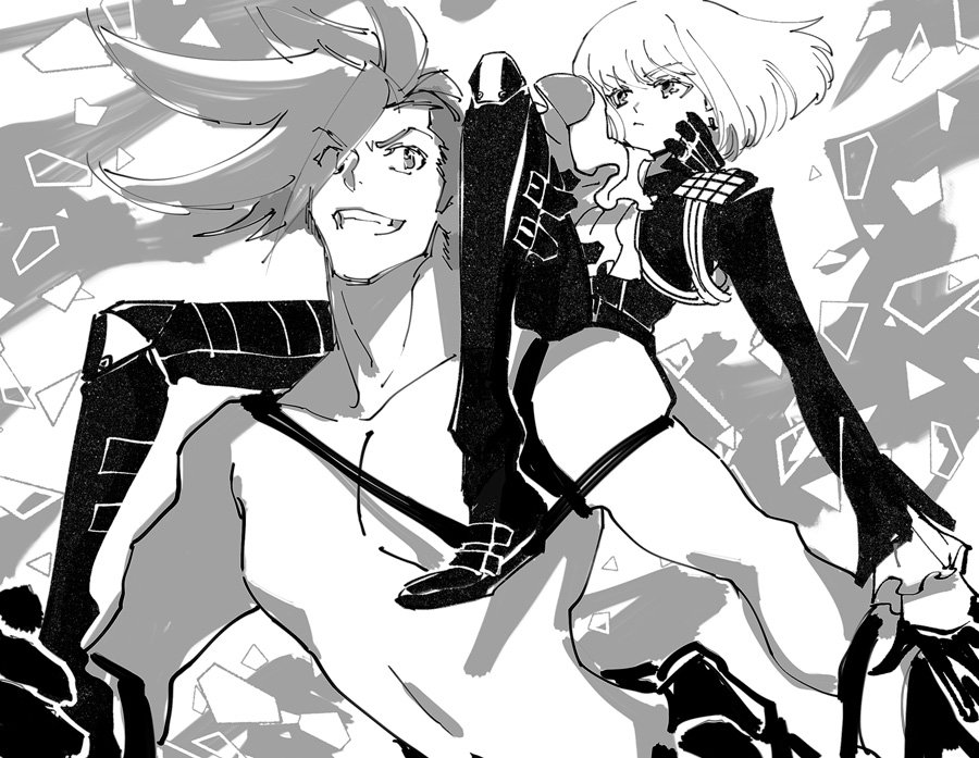 2boys belt black_gloves black_jacket carrying chest cravat galo_thymos gloves half_gloves jacket lio_fotia male_focus monochrome multiple_boys pants piggyback promare shirtless smile spiky_hair zakki