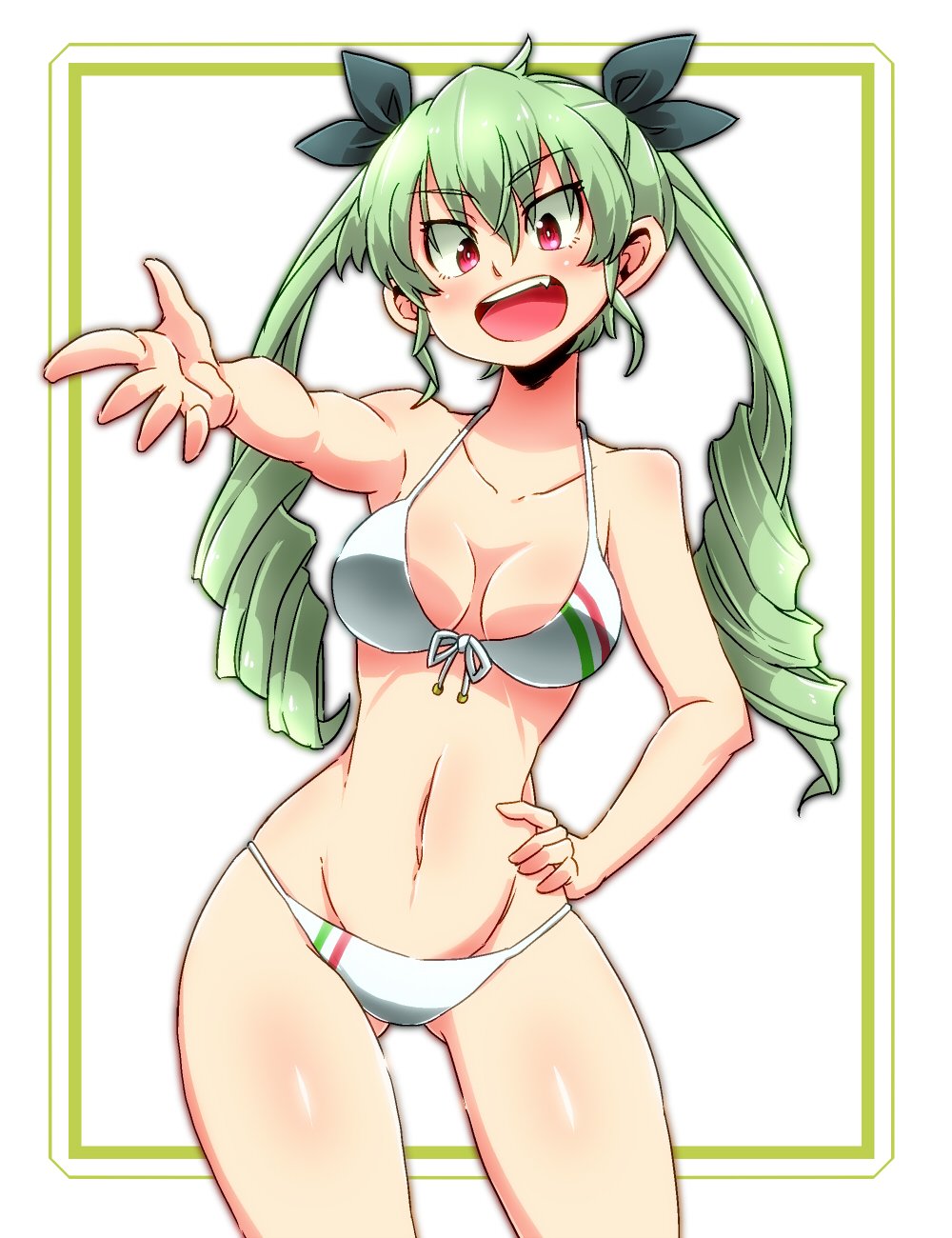 1girl anchovy aono3 ass_visible_through_thighs bangs bikini breasts collarbone crotch_seam drill_hair fang girls_und_panzer green_hair highres italian_flag_bikini long_hair navel open_mouth red_eyes simple_background solo swimsuit teeth thigh_gap thighs tongue twin_drills white_background