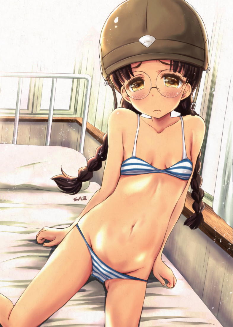 1girl arm_support artist_name backlighting bangs bed black_hair blue_bra blue_panties blush bra braid breasts brown_eyes brown_headwear closed_mouth commentary embarrassed frown fukuda_(girls_und_panzer) girls_und_panzer glasses groin half-closed_eyes helmet insignia leaning_to_the_side long_hair looking_at_viewer lowleg lowleg_panties navel on_bed panties pillow round_eyewear saz_(sazin764) signature sitting small_breasts striped striped_bra striped_panties twin_braids twintails underwear underwear_only window