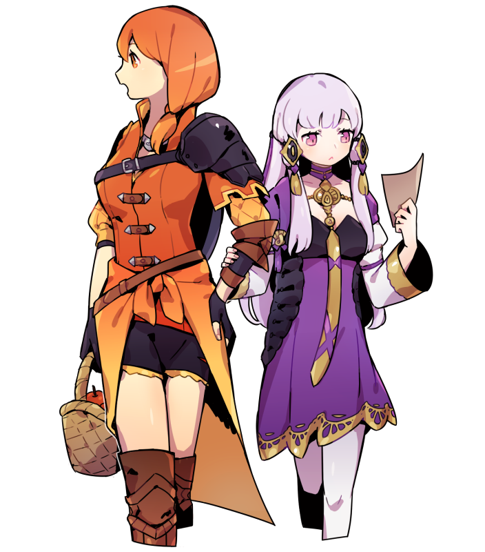 2girls apple basket black_gloves closed_mouth dress fire_emblem fire_emblem:_three_houses food fruit gloves haconeri hair_ornament holding holding_basket leonie_pinelli long_hair long_sleeves looking_to_the_side lysithea_von_ordelia multiple_girls open_mouth orange_eyes orange_hair pink_eyes shorts simple_background white_background white_hair white_legwear