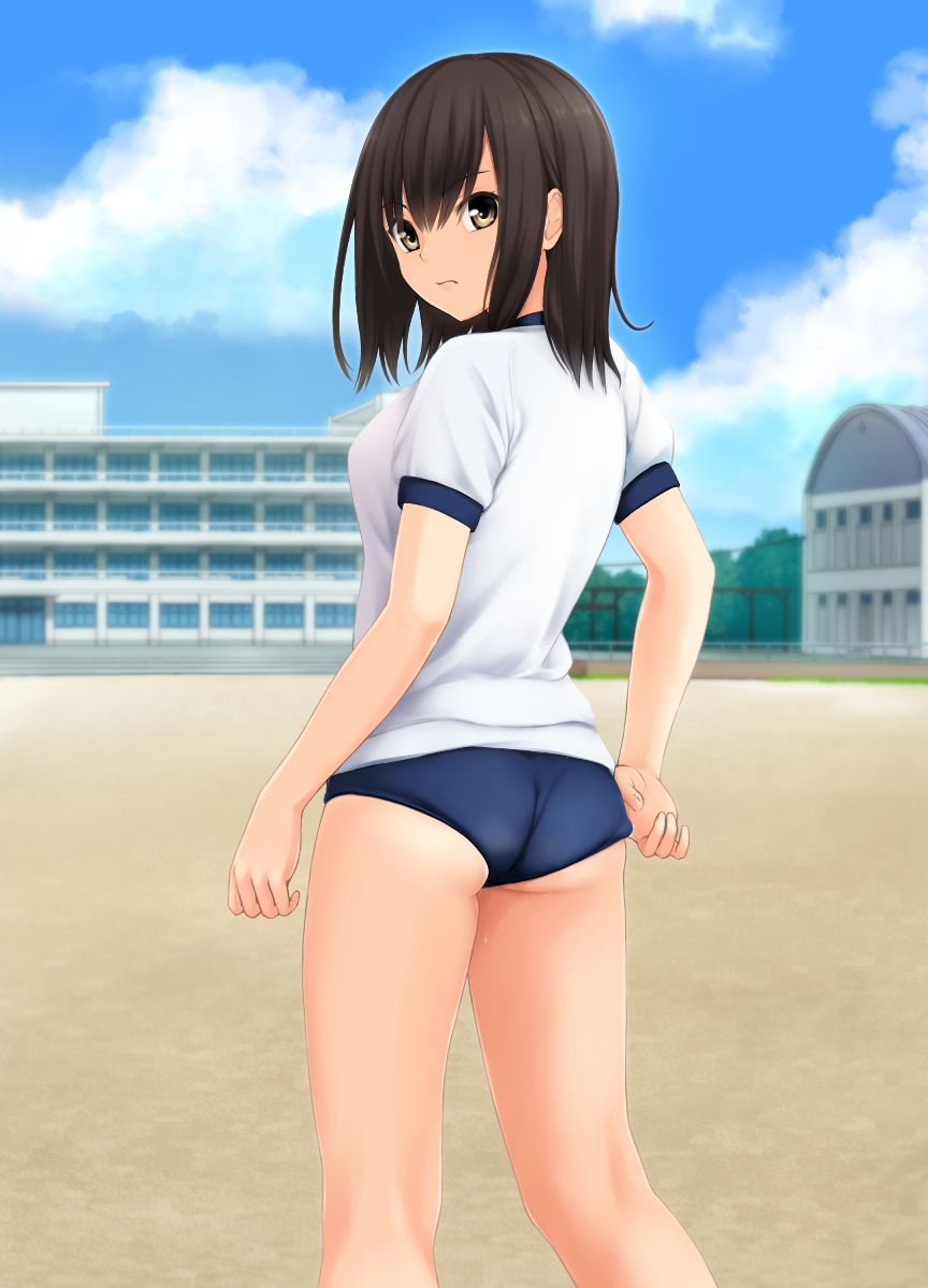 1girl adjusting_buruma adjusting_clothes ass bangs blue_buruma blue_sky blurry blurry_background blush breasts brown_eyes brown_hair building buruma closed_mouth clouds cloudy_sky commentary_request day depth_of_field eyebrows_visible_through_hair gym_shirt gym_uniform hair_between_eyes highres looking_at_viewer looking_back nonaka_ritsu original outdoors puffy_short_sleeves puffy_sleeves shirt short_sleeves sidelocks sky small_breasts solo standing white_shirt