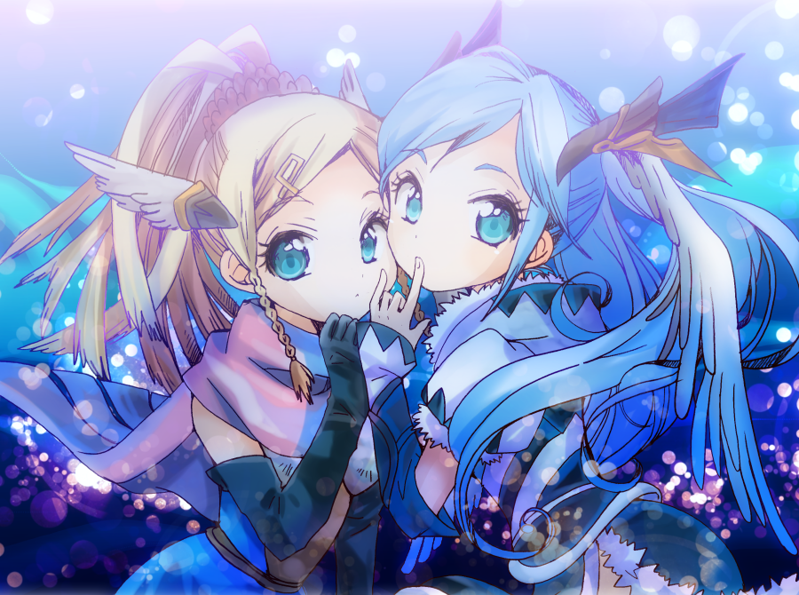 2girls black_gloves blonde_hair blue_background blue_eyes blue_hair braid elbow_gloves finger_to_mouth gloves hair_ornament hair_wings idunn_&amp;_idunna idunna_(p&amp;d) long_hair multiple_girls naruki ponytail puzzle_&amp;_dragons twintails upper_body
