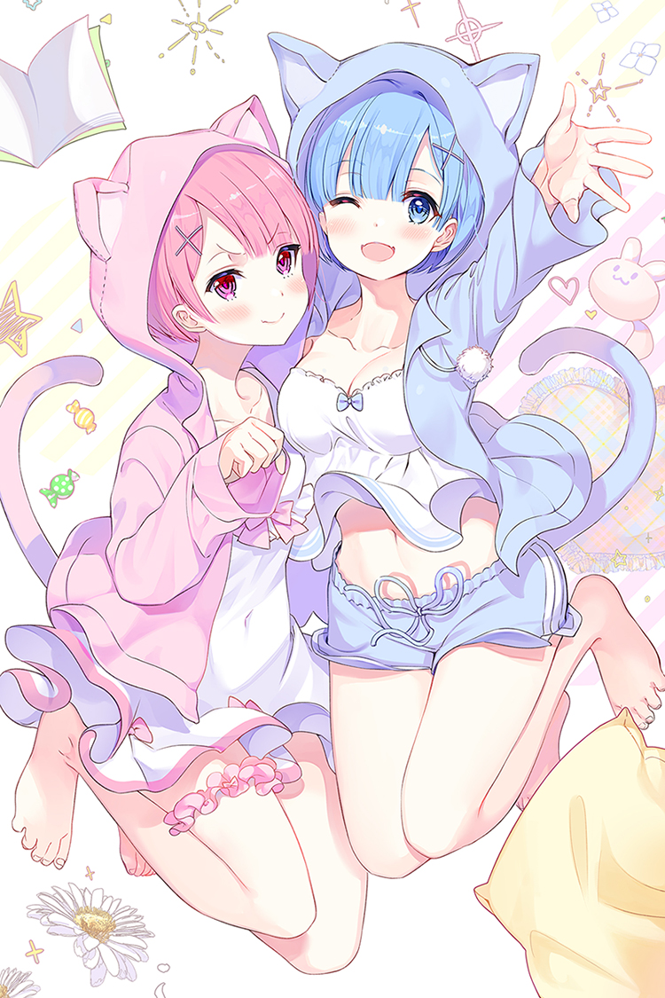 2girls bare_legs blue_eyes blue_hair blue_ribbon blue_shorts blush book breasts candy cat_tail chagoon collarbone commentary_request dress eyebrows_visible_through_hair food hair_ornament hair_over_one_eye hood hooded_jacket hoodie jacket large_breasts long_sleeves looking_at_viewer medium_breasts multiple_girls navel one_eye_closed open_mouth pink_eyes pink_hair ram_(re:zero) re:zero_kara_hajimeru_isekai_seikatsu red_eyes rem_(re:zero) ribbon short_hair shorts siblings sisters smile tail twins white_dress x_hair_ornament