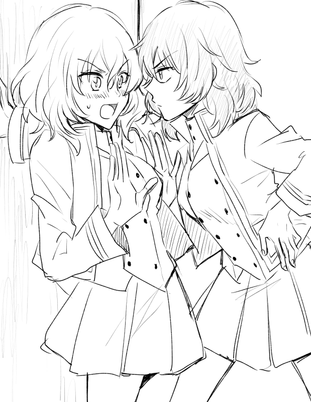 2girls against_wall andou_(girls_und_panzer) bc_freedom_military_uniform black_hair blush face-to-face girls_und_panzer hand_on_hip hand_up high_collar jacket long_sleeves looking_at_another medium_hair monochrome multiple_girls open_mouth oshida_(girls_und_panzer) pleated_skirt rko_(reanet) skirt sweatdrop thighs vest yuri