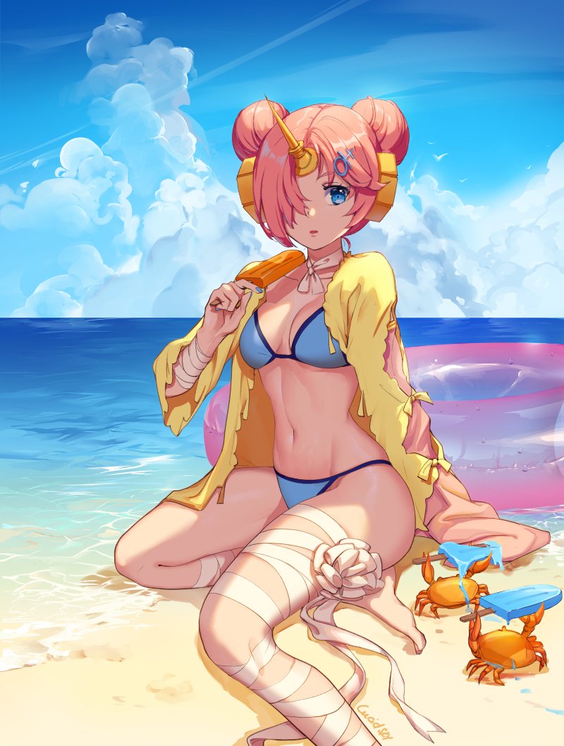 1girl artist_name bandaged_arm bandaged_leg bandages barefoot beach bikini blue_bikini blue_sky breasts choker clouds collarbone commentary crab day detached_sleeves double_bun fate/grand_order fate_(series) food frankenstein's_monster_(fate) frankenstein's_monster_(swimsuit_saber)_(fate) hair_ornament hair_over_one_eye hairclip headgear holding holding_food horn innertube jacket melting navel outdoors parted_lips pink_hair popsicle ribbon_choker sand short_hair single_detached_sleeve sitting sky sleeves_past_wrists solo stomach swimsuit water yellow_jacket yokozuwari yume_ou