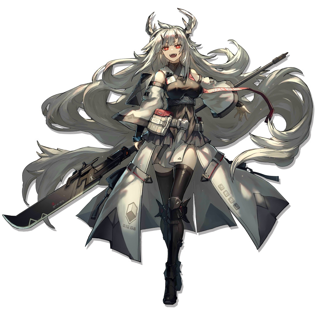 1girl absurdly_long_hair armor bangs belt black_footwear black_jacket black_legwear breasts detached_sleeves dress eyebrows_visible_through_hair glaive greaves grey_hair holding holding_polearm holding_weapon horns jacket large_breasts long_hair long_sleeves looking_at_viewer matoimaru_(arknights) official_art pointy_ears polearm pouch red_eyes ryuuzaki_ichi short_eyebrows shoulder_armor sleeveless_jacket solo standing strap thick_eyebrows thigh-highs transparent_background very_long_hair weapon white_dress white_jacket white_sleeves wide_sleeves