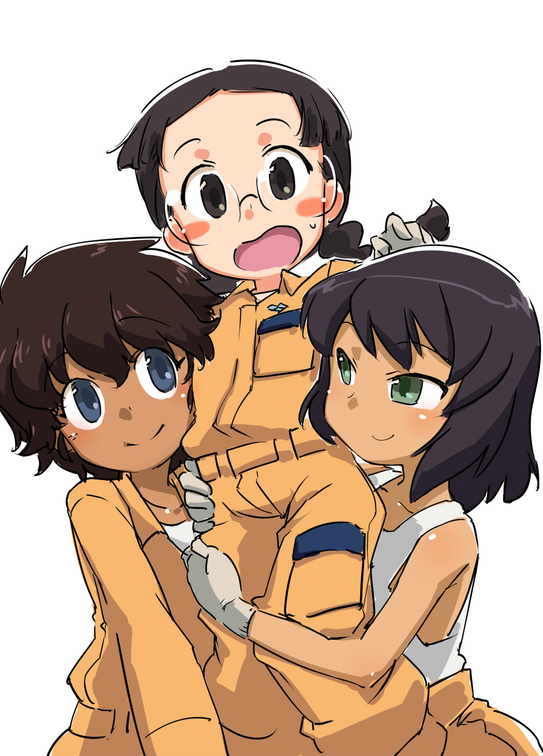 3girls alternate_costume bangs black_hair blue_eyes blush_stickers braid brown_eyes brown_hair closed_mouth clothes_around_waist dark_skin eyebrows_visible_through_hair frown fukuda_(girls_und_panzer) girls_und_panzer glasses gloves green_eyes hamahara_yoshio highres hoshino_(girls_und_panzer) jumpsuit lifting_person long_hair long_sleeves looking_at_another looking_at_viewer mechanic multiple_girls open_mouth orange_jumpsuit round_eyewear shirt short_hair simple_background smile standing suzuki_(girls_und_panzer) sweatdrop tank_top twin_braids twintails uniform white_background white_gloves white_shirt