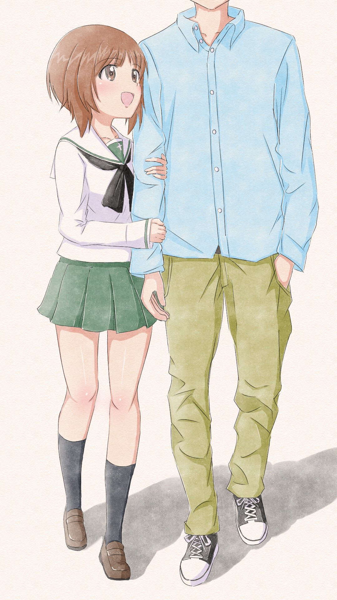 1boy 1girl :d arm_grab bangs black_legwear black_neckwear blouse brown_eyes brown_footwear brown_hair commentary_request eyebrows_visible_through_hair girls_und_panzer green_skirt hetero highres loafers long_sleeves looking_at_another miniskirt munisuke_(zrkt7883) neckerchief nishizumi_miho ooarai_school_uniform open_mouth pleated_skirt school_uniform serafuku shadow shoes short_hair skirt smile socks standing traditional_media white_background white_blouse