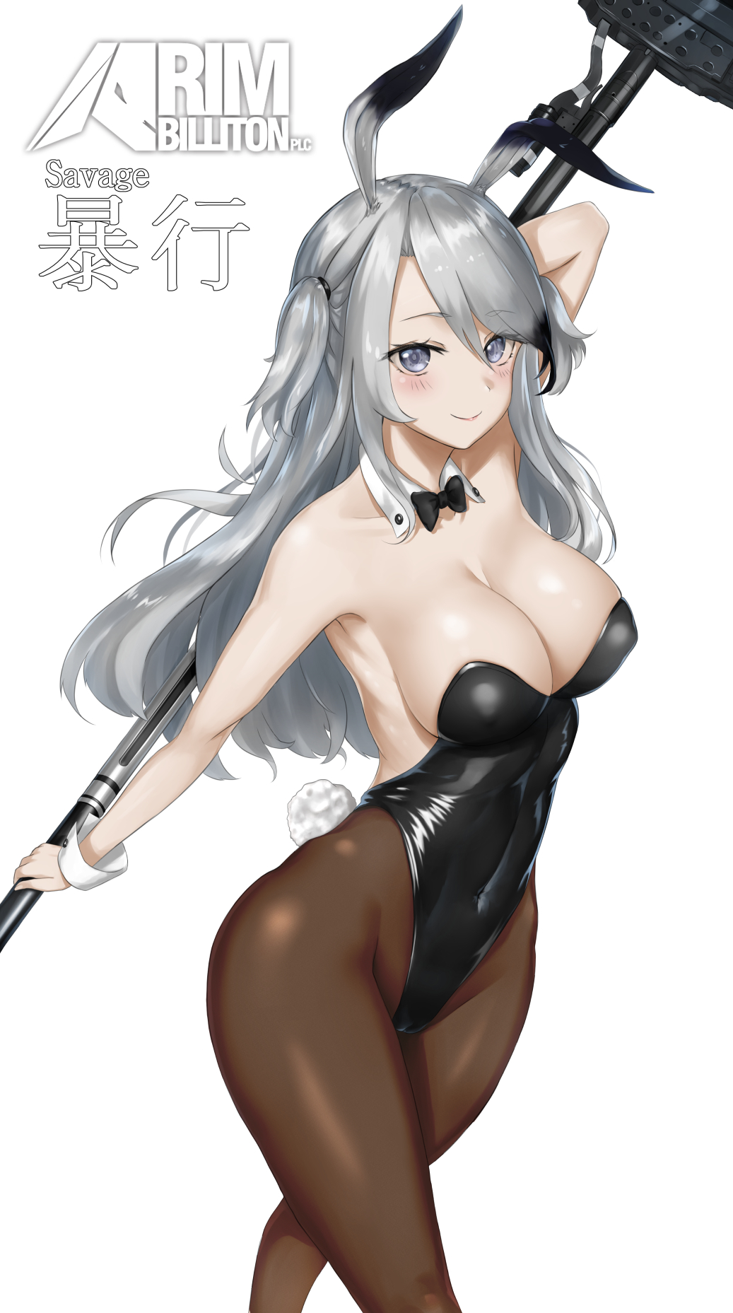1girl animal_ears arknights black_leotard black_neckwear bow bowtie breasts brown_legwear bunny_girl bunny_tail bunnysuit chaciooh commentary_request cowboy_shot detached_collar grey_eyes highres leotard long_hair looking_at_viewer medium_breasts pantyhose polearm rabbit_ears savage_(arknights) silver_hair simple_background smile solo strapless strapless_leotard tail two_side_up weapon white_background wrist_cuffs