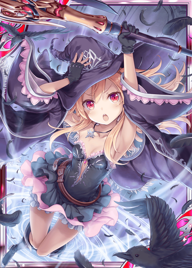 1girl :o akkijin bird black_dress black_feathers blonde_hair breasts dress feathers hat holding holding_hat holding_staff holding_weapon jewelry looking_at_viewer looking_up magic_circle magical_girl necklace official_art polearm raven_(animal) red_eyes shinkai_no_valkyrie small_breasts staff weapon witch_hat