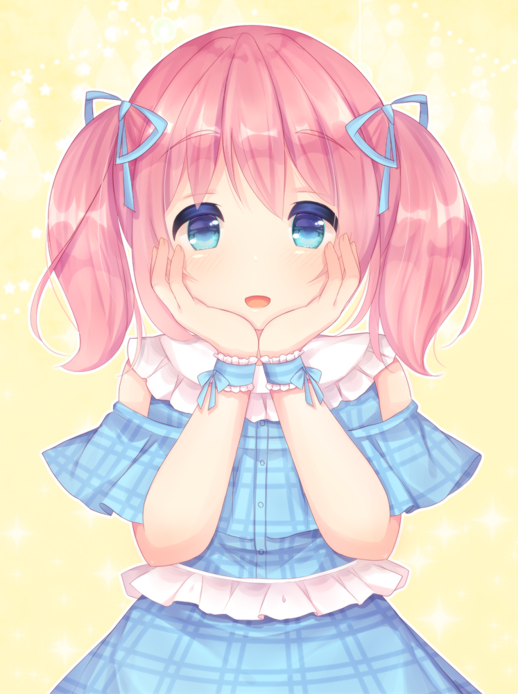1girl :d bangs blue_bow blue_dress blue_eyes blue_ribbon blush bow caramel_(caramelmilk) commentary_request dress eyebrows_visible_through_hair frills hair_between_eyes hair_ribbon hands_on_own_face hands_up looking_at_viewer open_mouth original pink_hair plaid plaid_dress ribbon smile solo twintails wrist_cuffs