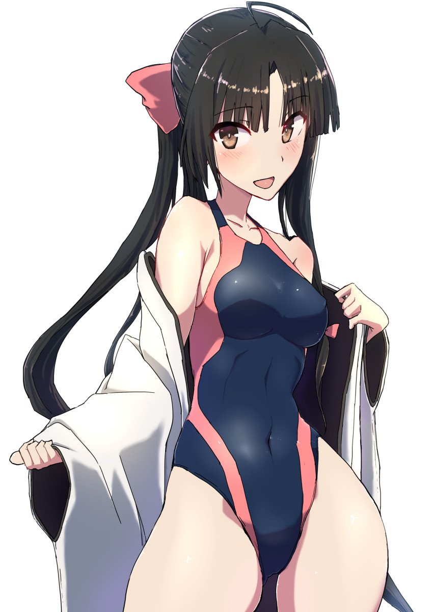 1girl ahoge alternate_costume alternate_hairstyle bangs black_hair blush bow breasts brown_eyes comala_(komma_la) eyebrows_visible_through_hair hair_bow highres kantai_collection long_hair low-tied_long_hair medium_breasts navel one-piece_swimsuit open_mouth ponytail shouhou_(kantai_collection) simple_background solo swimsuit thighs white_background