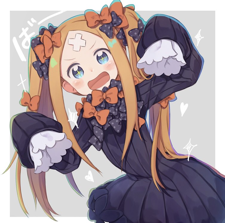 +_+ 1girl :d abigail_williams_(fate/grand_order) alternate_hairstyle bangs black_bow black_dress blonde_hair blue_eyes blush bow bug butterfly crossed_bandaids dress fate/grand_order fate_(series) grey_background hair_bow hands_up insect long_hair long_sleeves looking_at_viewer no_hat no_headwear open_mouth orange_bow parted_bangs polka_dot polka_dot_bow sleeves_past_fingers sleeves_past_wrists smile solo sparkle totatokeke twintails two-tone_background v-shaped_eyebrows very_long_hair white_background