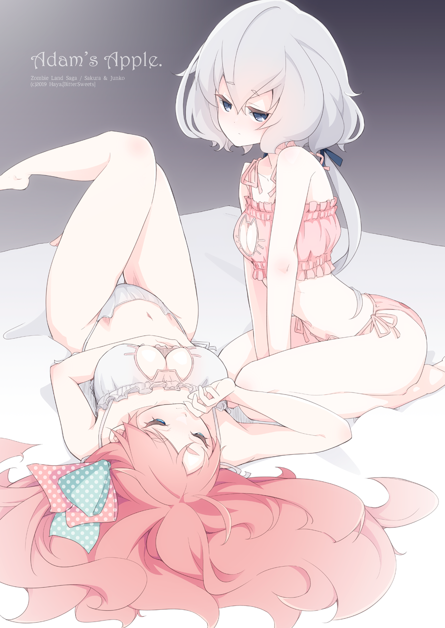 2girls blue_eyes bow bra cat_cutout cat_ear_panties cat_lingerie cleavage_cutout commentary_request frilled_bra frills grey_eyes grey_hair haya_bs highres knees_up konno_junko low_twintails lying meme_attire minamoto_sakura multiple_girls on_back on_bed panties pink_hair polka_dot polka_dot_bow redhead ribbon seiza side-tie_panties side_ponytail sitting twintails underwear underwear_only zombie_land_saga