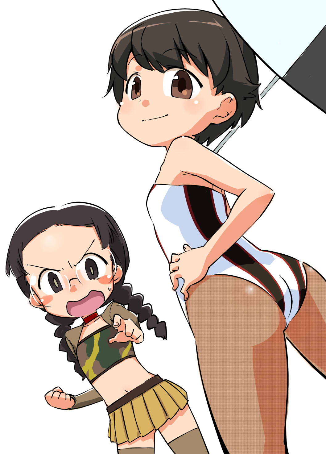 2girls ass bangs black_hair blush_stickers braid brown_eyes brown_footwear brown_legwear camouflage_shirt clenched_hand closed_mouth dutch_angle eyebrows_visible_through_hair frown fukuda_(girls_und_panzer) girls_und_panzer glasses green_shirt hamahara_yoshio hand_on_hip highres holding holding_umbrella leotard long_hair looking_at_viewer microskirt multiple_girls nakajima_(girls_und_panzer) navel open_mouth pantyhose pleated_skirt pointing pointing_at_viewer print_leotard racequeen round_eyewear shirt shrug_(clothing) simple_background skirt smile standing strapless strapless_leotard sweatdrop thigh-highs tubetop twin_braids twintails umbrella v-shaped_eyebrows white_background white_leotard yellow_skirt