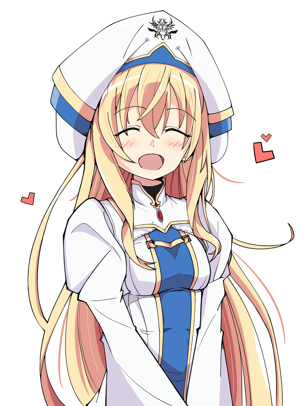 1girl bangs blonde_hair blue_eyes blue_headwear blush breasts commentary_request dress eyebrows_visible_through_hair goblin_slayer! hair_between_eyes hat heart highres long_hair long_sleeves looking_at_viewer open_mouth priestess_(goblin_slayer!) renfuu simple_background small_breasts smile solo white_background white_headwear