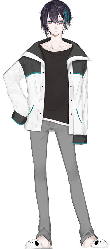 1boy black_hair black_shirt blue_eyes blue_hair collarbone full_body grey_pants ichijiku_(user_yhjw8354) jacket mayuzumi_kai multicolored_hair nijisanji no_socks official_art pants shirt sleeves_past_fingers sleeves_past_wrists slippers standing streaked_hair white_jacket