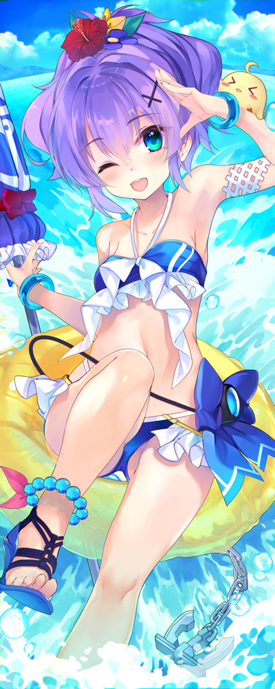 1girl :d anchor arm_up azur_lane bandeau bangs bare_arms bare_legs bare_shoulders beach_umbrella bead_anklet bikini blue_bikini blue_bow blue_footwear blue_sky blush bow bracelet breasts chain clouds cloudy_sky collarbone commentary_request cross_hair_ornament day eyebrows_visible_through_hair feet_out_of_frame flower hair_flower hair_ornament halterneck hibiscus high_ponytail horizon innertube javelin_(azur_lane) jewelry looking_at_viewer marine_day navel ocean open_mouth outdoors ponytail purple_hair red_flower sandals shirokitsune sky small_breasts smile solo splashing stomach swimsuit thighs umbrella water