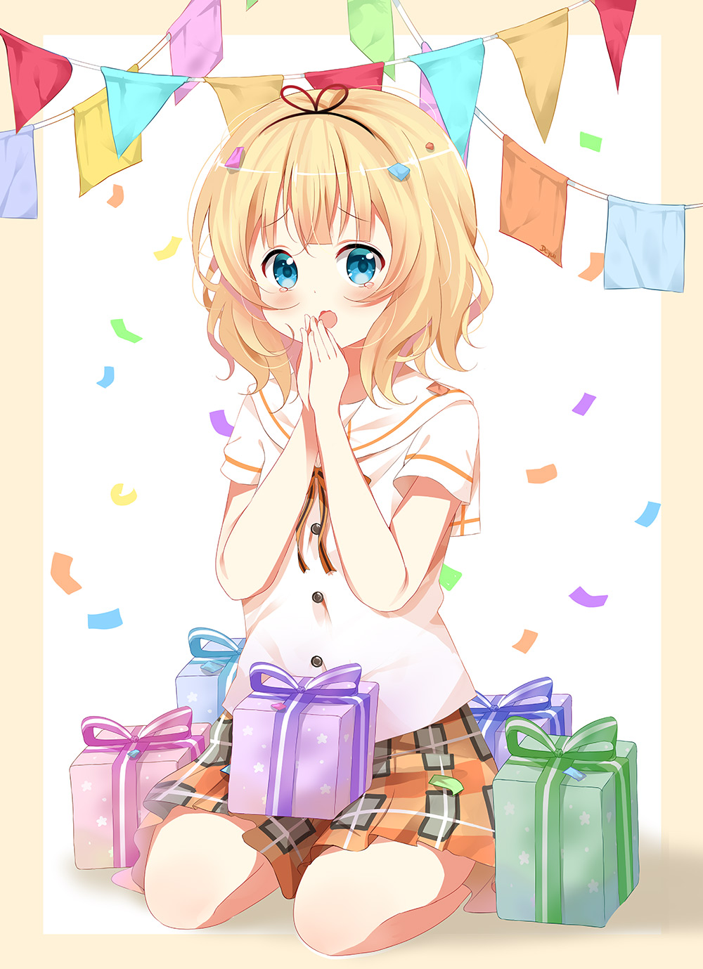 1girl :o bangs black_ribbon blonde_hair blue_eyes blush box brown_background brown_skirt commentary_request confetti deyui eyebrows_visible_through_hair full_body gift gift_box gochuumon_wa_usagi_desu_ka? hair_ribbon hands_together hands_up highres kirima_sharo open_mouth own_hands_together pennant ribbon sailor_collar school_uniform serafuku shirt short_sleeves sidelocks sitting skirt solo string_of_flags tears two-tone_background wavy_mouth white_background white_sailor_collar white_shirt