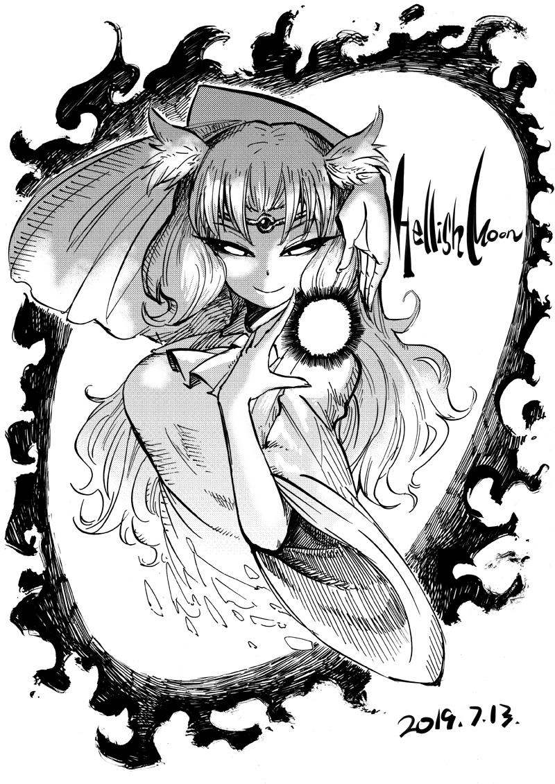 1girl blackcat_(pixiv) breasts dated dot_nose english_text frills greyscale headband jewelry kikuri_(touhou) looking_at_viewer monochrome smile tagme touhou touhou_(pc-98) wide_sleeves