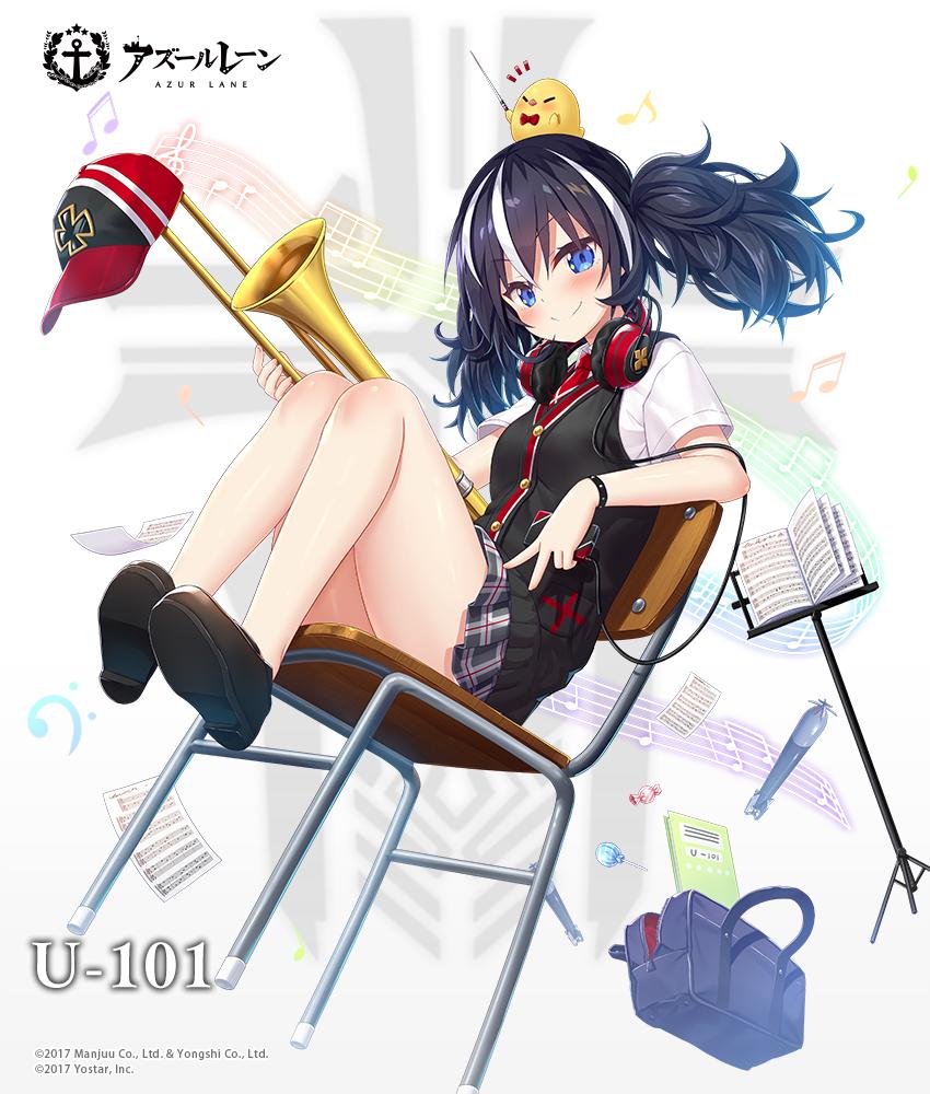 1girl anchor_symbol animal azur_lane bag bangs baseball_cap beamed_sixteenth_notes bird black_footwear black_hair blue_eyes blush bow bowtie candy candy_wrapper cardigan_vest chair chair_tipping character_name chick closed_mouth commentary_request copyright_name eighth_note eyebrows_visible_through_hair food grey_skirt hair_between_eyes hat hat_removed headwear_removed holding holding_instrument instrument lollipop manjuu_(azur_lane) multicolored_hair musical_note official_art on_chair plaid plaid_skirt pleated_skirt quarter_note red_headwear red_neckwear school_bag school_chair school_uniform sheet_music shirt shoe_soles shoes short_sleeves sitting skirt smile solo streaked_hair torpedo treble_clef trumpet twintails u-101_(azur_lane) white_hair white_shirt yano_mitsuki