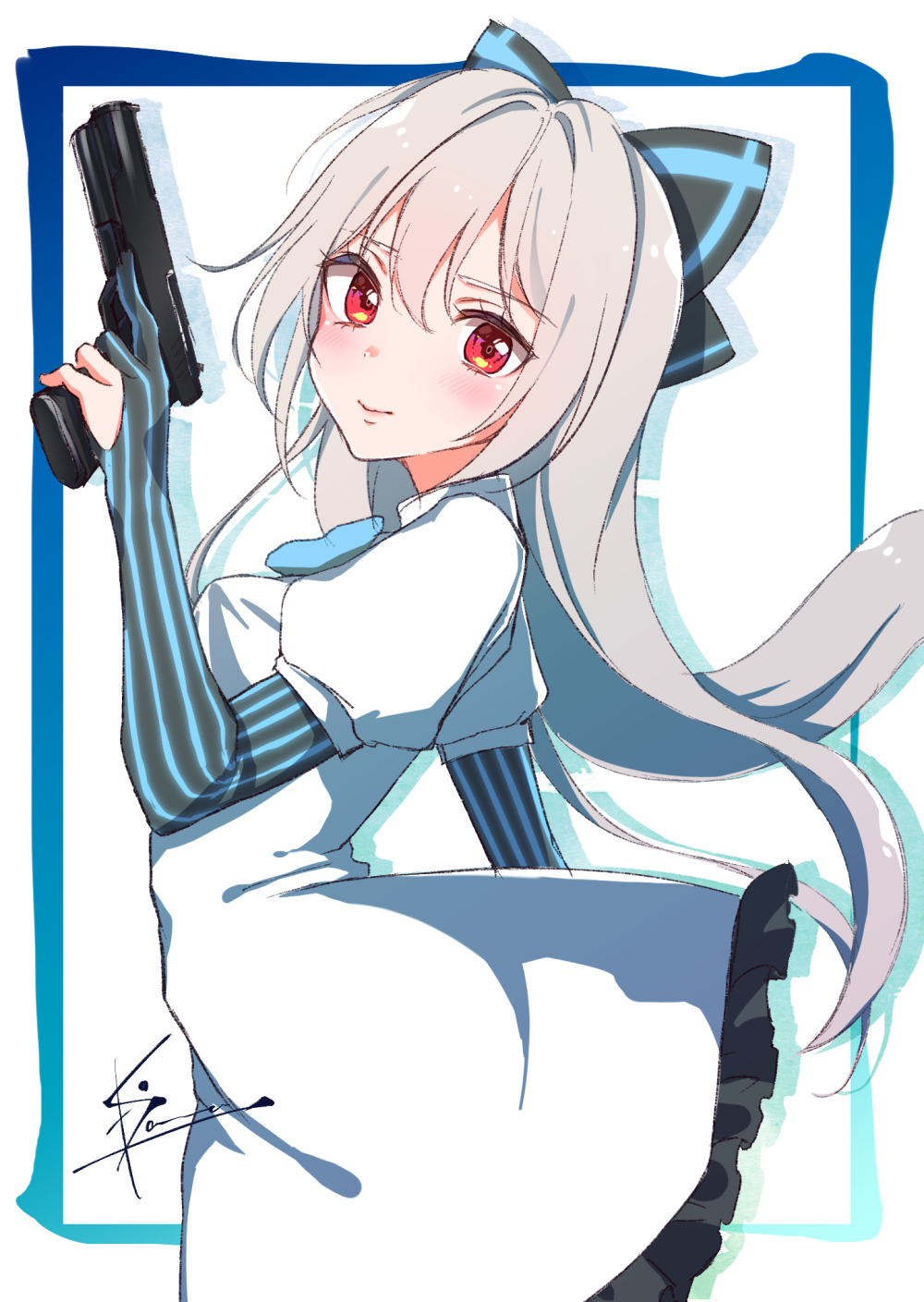 1girl blue_border blue_bow blue_stripes border bow closed_mouth dress elbow_gloves frilled_dress frills girls_frontline gloves grey_hair gun hair_bow handgun highres holding holding_gun holding_weapon juliet_sleeves kodama_(koda_mat) long_hair long_sleeves looking_at_viewer partly_fingerless_gloves puffy_sleeves red_eyes signature solo striped striped_bow tokarev_(girls_frontline) tokarev_tt-33 trigger_discipline vertical-striped_gloves vertical_stripes weapon white_background white_dress