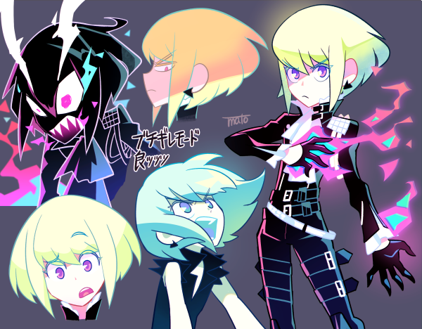 1boy angry belt black_gloves black_hair black_jacket blonde_hair cravat earrings expressions fangs fire gloves green_hair half_gloves horns jacket jewelry lio_fotia male_focus mato_(mozu_hayanie) open_mouth promare signature solo violet_eyes