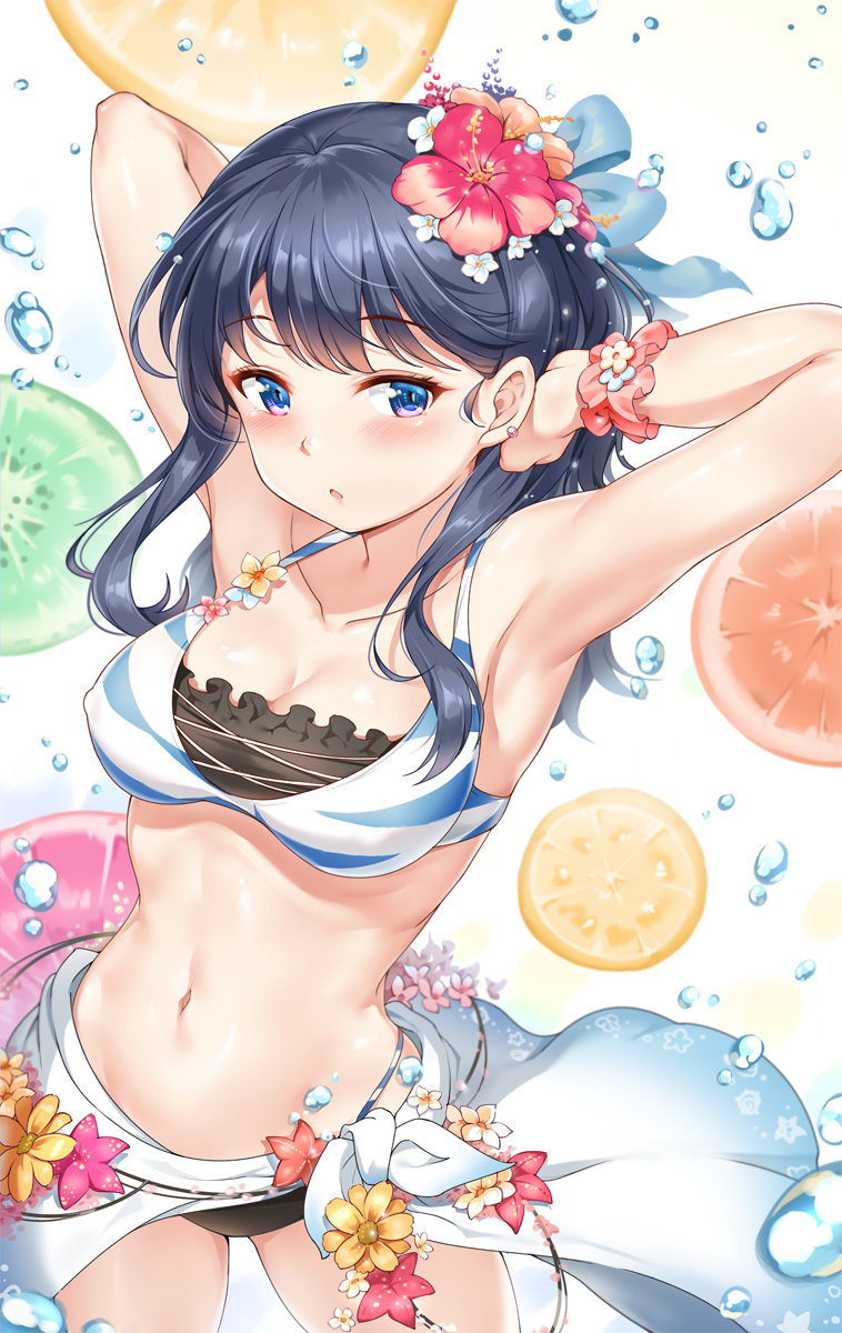 1girl arms_up bangs bare_shoulders bikini black_bikini black_hair blue_eyes blush breasts collarbone flower hair_flower hair_ornament highres layered_bikini long_hair looking_at_viewer medium_breasts miazi navel sarong solo ssss.gridman striped striped_bikini swimsuit takarada_rikka thighs water white_bikini